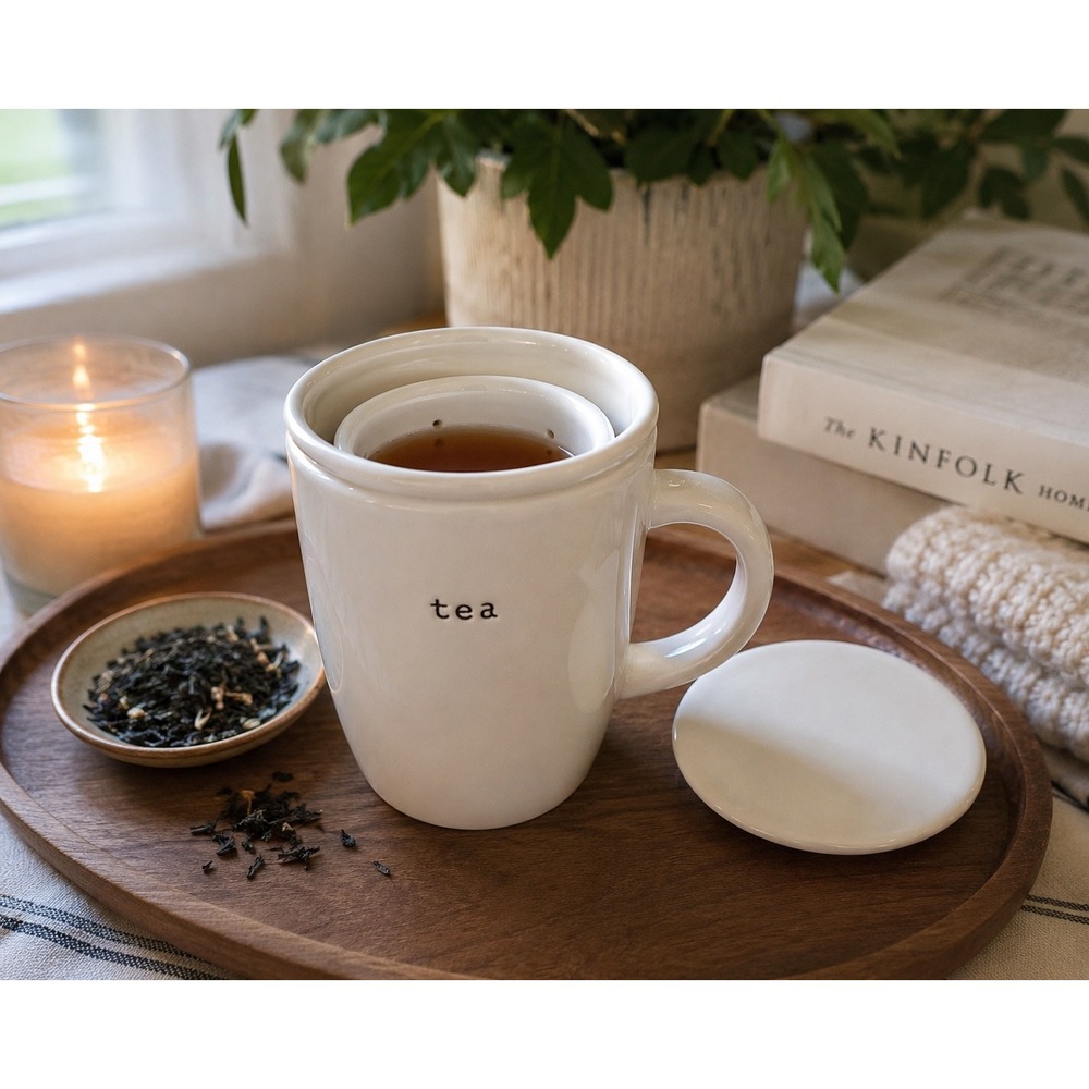 Pottery Barn Coffee House Tea Infuser Mug White Ceramic Lid Strainer